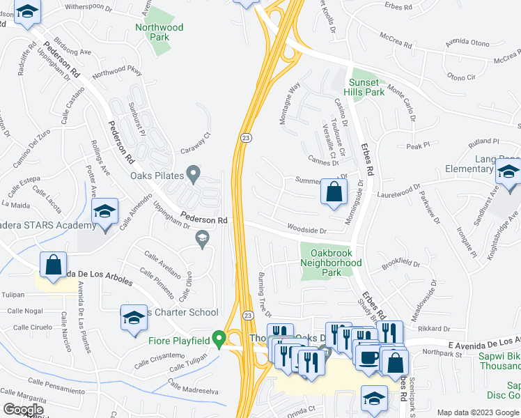 map of restaurants, bars, coffee shops, grocery stores, and more near 1669 Woodside Drive in Thousand Oaks