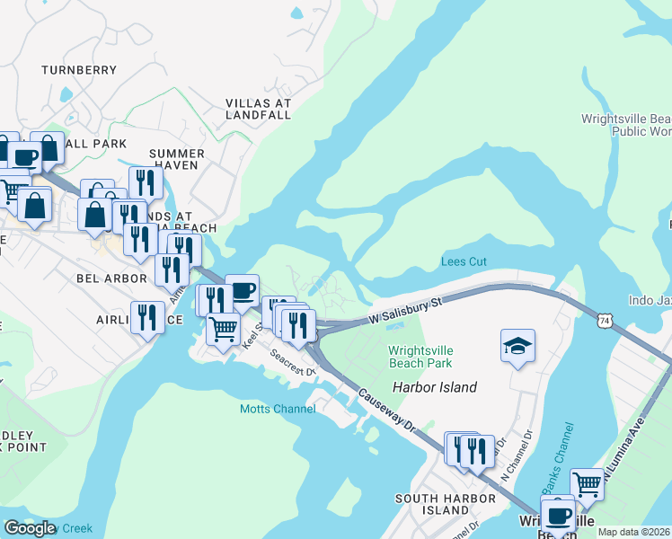 map of restaurants, bars, coffee shops, grocery stores, and more near 121 Seaside Lane in Wrightsville Beach