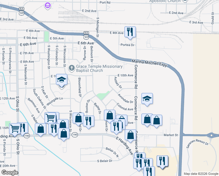 map of restaurants, bars, coffee shops, grocery stores, and more near 1500 Avondale Drive in Pine Bluff