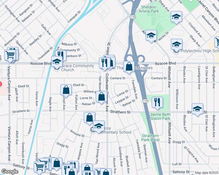 map of restaurants, bars, coffee shops, grocery stores, and more near 8130 Coldwater Canyon Avenue in Los Angeles