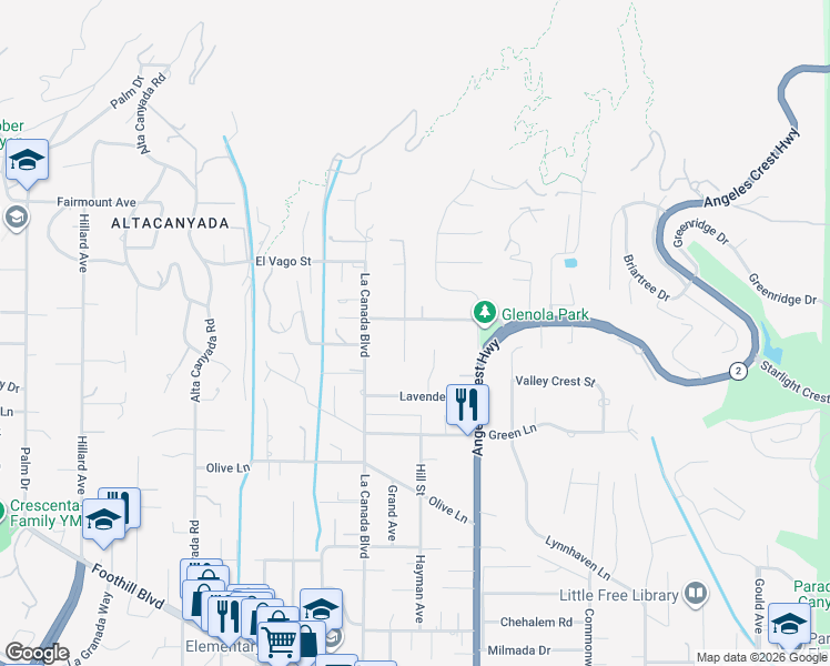 map of restaurants, bars, coffee shops, grocery stores, and more near 5188 Vista Miguel Drive in La Cañada Flintridge