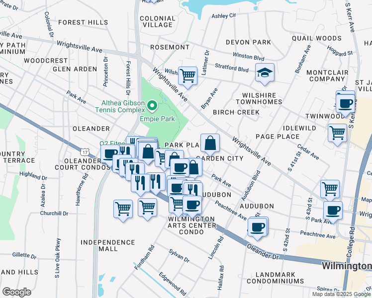map of restaurants, bars, coffee shops, grocery stores, and more near 3730 Saint Johns Court in Wilmington