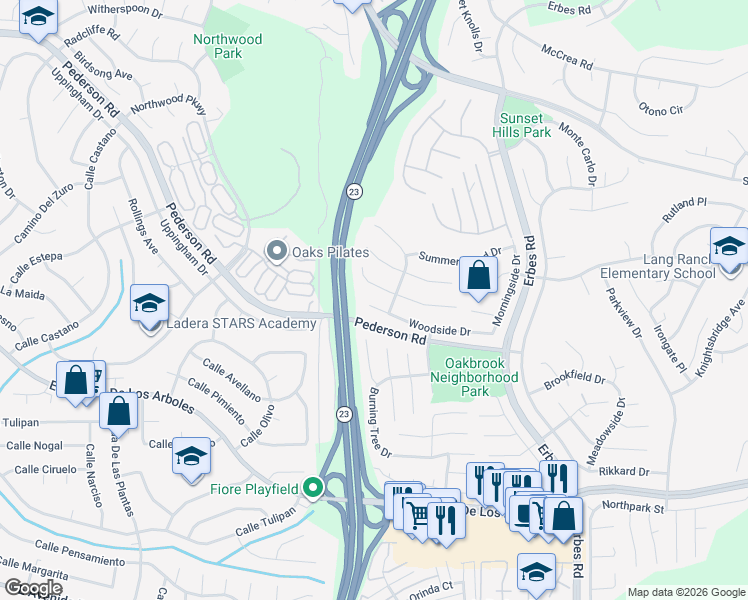 map of restaurants, bars, coffee shops, grocery stores, and more near 1669 Woodside Drive in Thousand Oaks