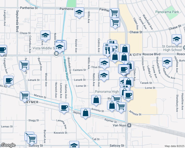 map of restaurants, bars, coffee shops, grocery stores, and more near 8127 Natick Avenue in Los Angeles