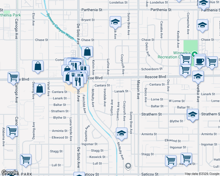 map of restaurants, bars, coffee shops, grocery stores, and more near 8213 Lurline Avenue in Los Angeles