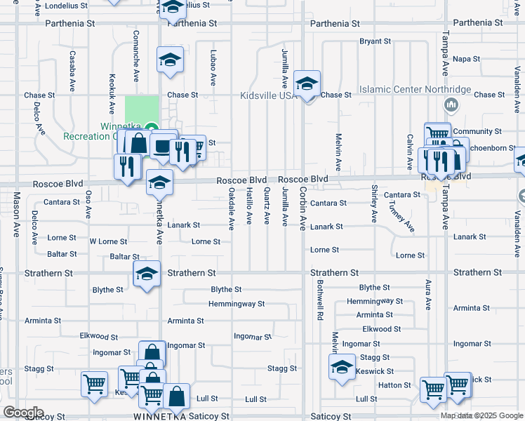 map of restaurants, bars, coffee shops, grocery stores, and more near 8225 Quartz Avenue in Los Angeles