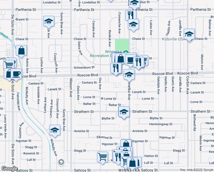 map of restaurants, bars, coffee shops, grocery stores, and more near 20234 Cantara Street in Los Angeles