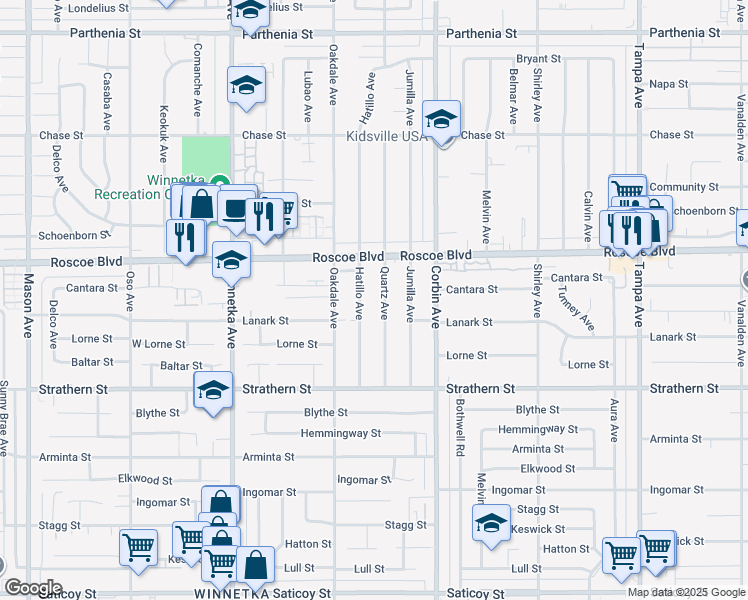 map of restaurants, bars, coffee shops, grocery stores, and more near 8225 Quartz Avenue in Los Angeles