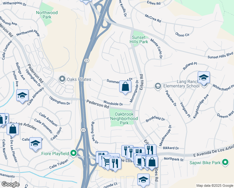 map of restaurants, bars, coffee shops, grocery stores, and more near 1825 Sweet Briar Place in Thousand Oaks