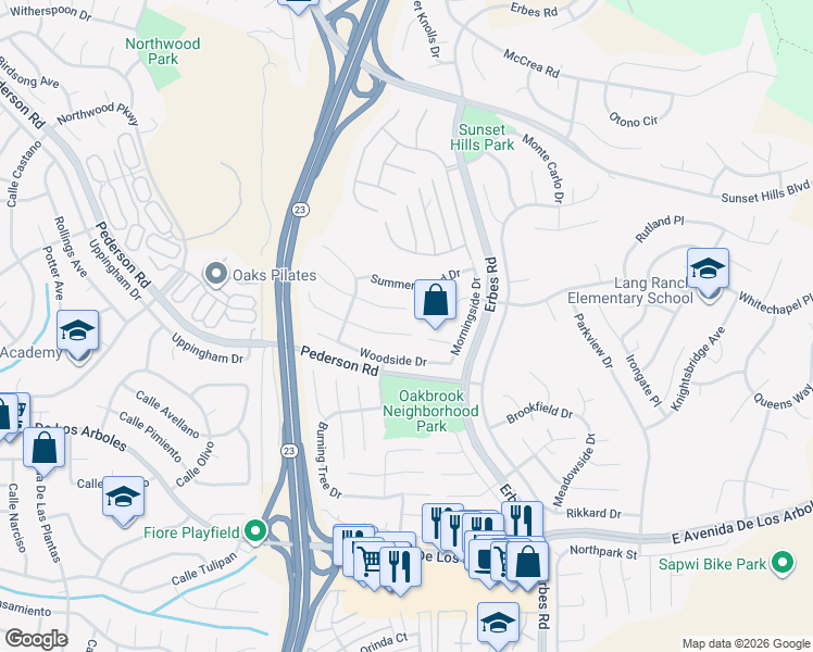 map of restaurants, bars, coffee shops, grocery stores, and more near 1825 Sweet Briar Place in Thousand Oaks