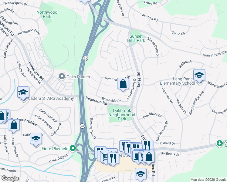 map of restaurants, bars, coffee shops, grocery stores, and more near 1815 Sweet Briar Place in Thousand Oaks