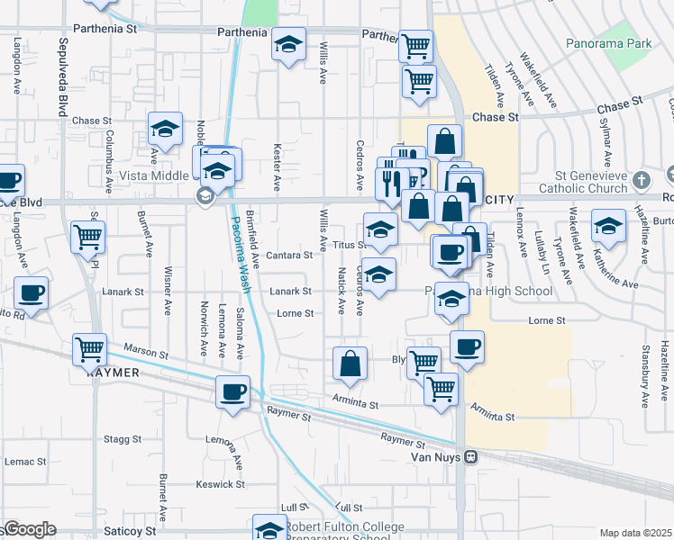 map of restaurants, bars, coffee shops, grocery stores, and more near 8127 Natick Avenue in Los Angeles
