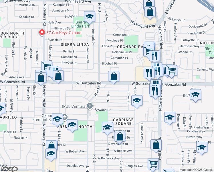 map of restaurants, bars, coffee shops, grocery stores, and more near 700 West Gonzales Road in Oxnard