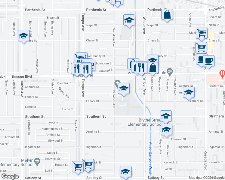 map of restaurants, bars, coffee shops, grocery stores, and more near 19106 Cantara Street in Los Angeles