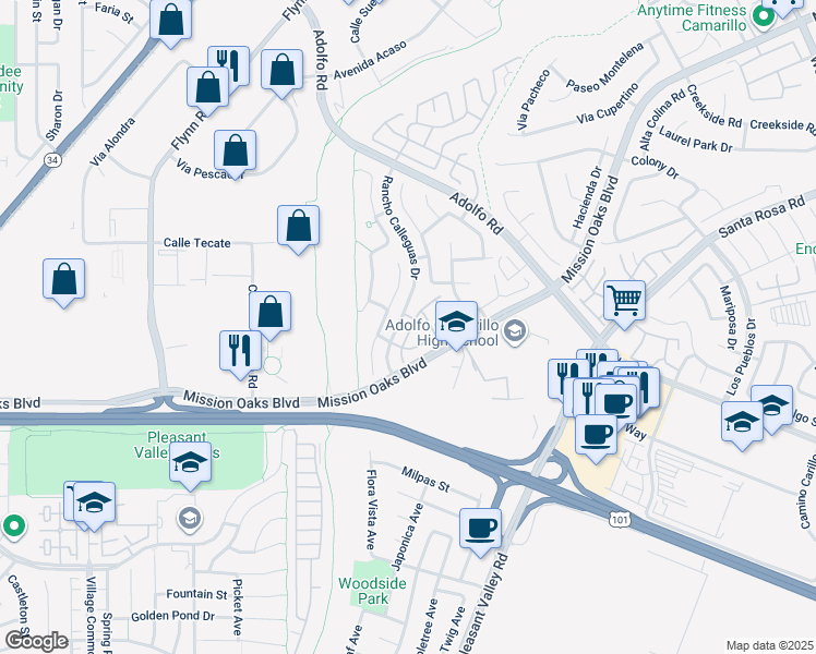 map of restaurants, bars, coffee shops, grocery stores, and more near 269 Via Cantilena in Camarillo