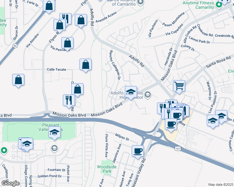 map of restaurants, bars, coffee shops, grocery stores, and more near 269 Via Cantilena in Camarillo