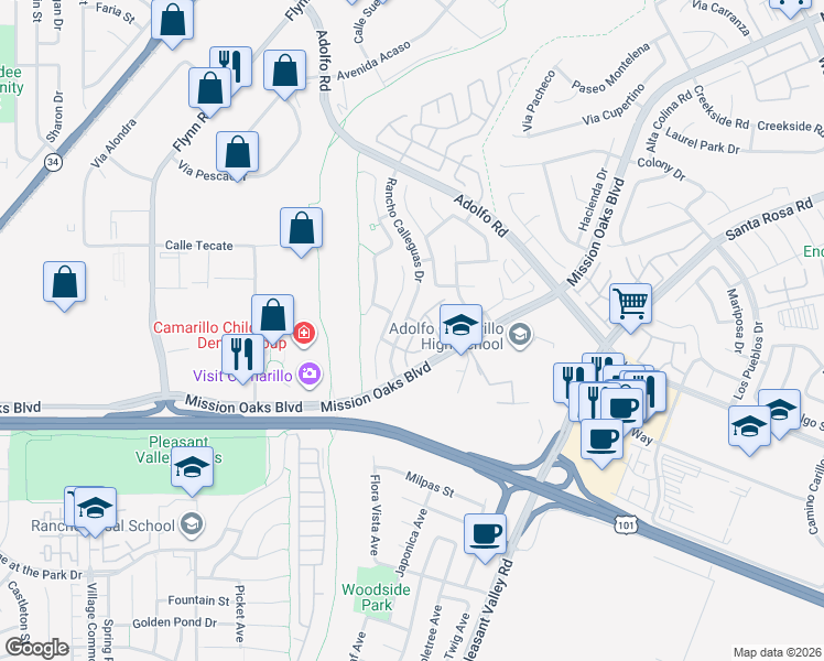 map of restaurants, bars, coffee shops, grocery stores, and more near 269 Via Cantilena in Camarillo