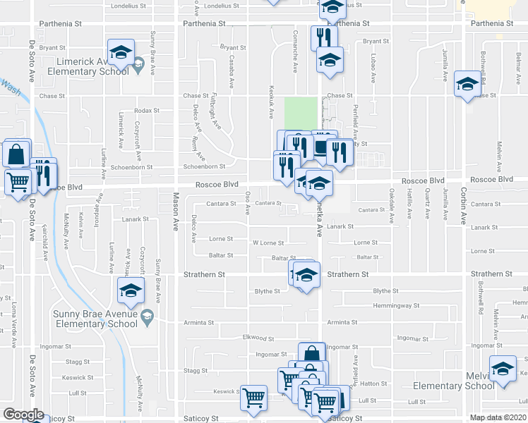 map of restaurants, bars, coffee shops, grocery stores, and more near 20258 Roscoe Boulevard in Los Angeles