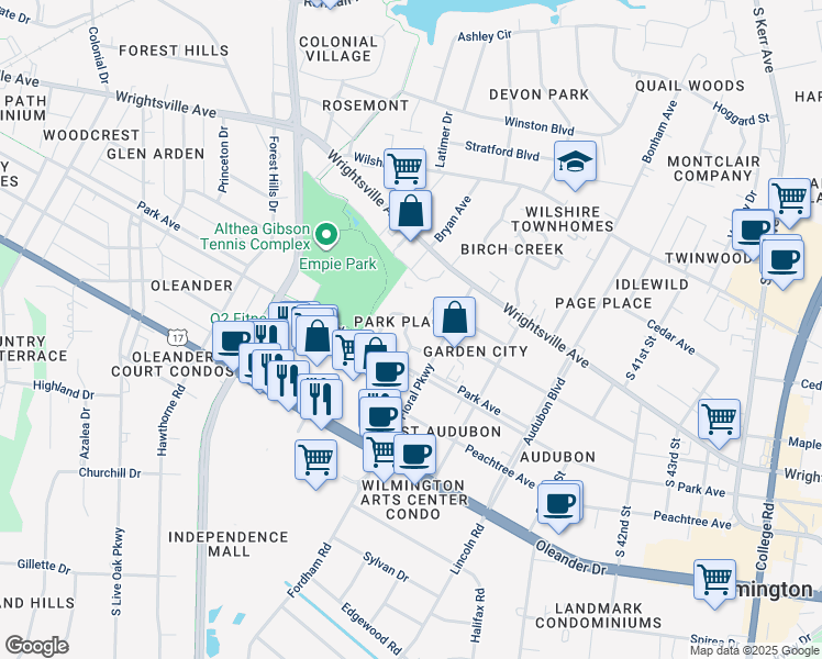 map of restaurants, bars, coffee shops, grocery stores, and more near 3723 Saint Johns Court in Wilmington