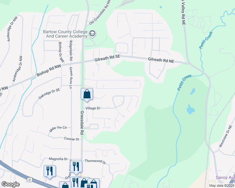 map of restaurants, bars, coffee shops, grocery stores, and more near 117 Evergreen Trail Southeast in Cartersville