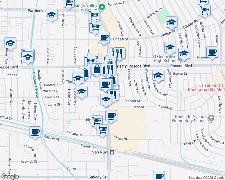 map of restaurants, bars, coffee shops, grocery stores, and more near 8159 Van Nuys Boulevard in Los Angeles