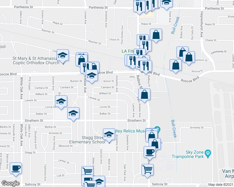 map of restaurants, bars, coffee shops, grocery stores, and more near Amestoy Ave & Willard St in Los Angeles
