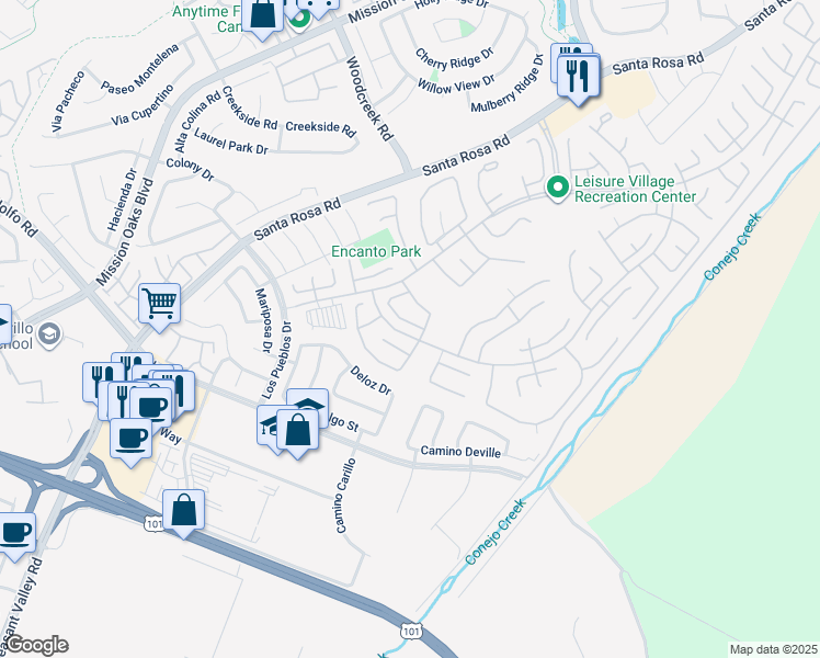 map of restaurants, bars, coffee shops, grocery stores, and more near 4228 Village 4 in Camarillo
