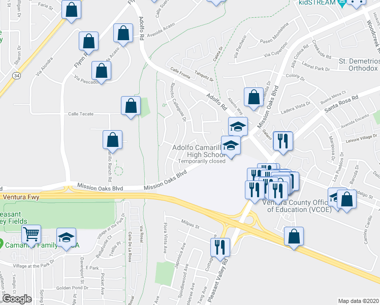 map of restaurants, bars, coffee shops, grocery stores, and more near 231 Calle Orovista in Camarillo