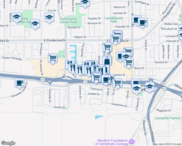 map of restaurants, bars, coffee shops, grocery stores, and more near 304 Capistrano Court in Camarillo