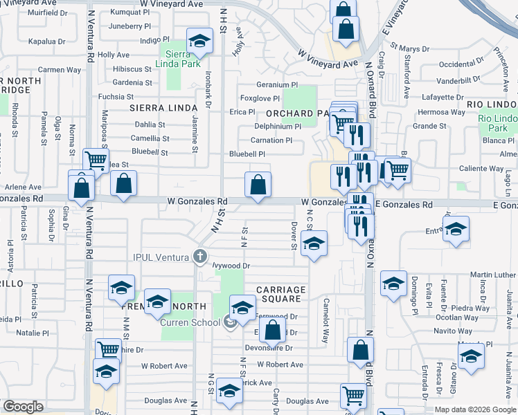 map of restaurants, bars, coffee shops, grocery stores, and more near 900 Ginger Street in Oxnard