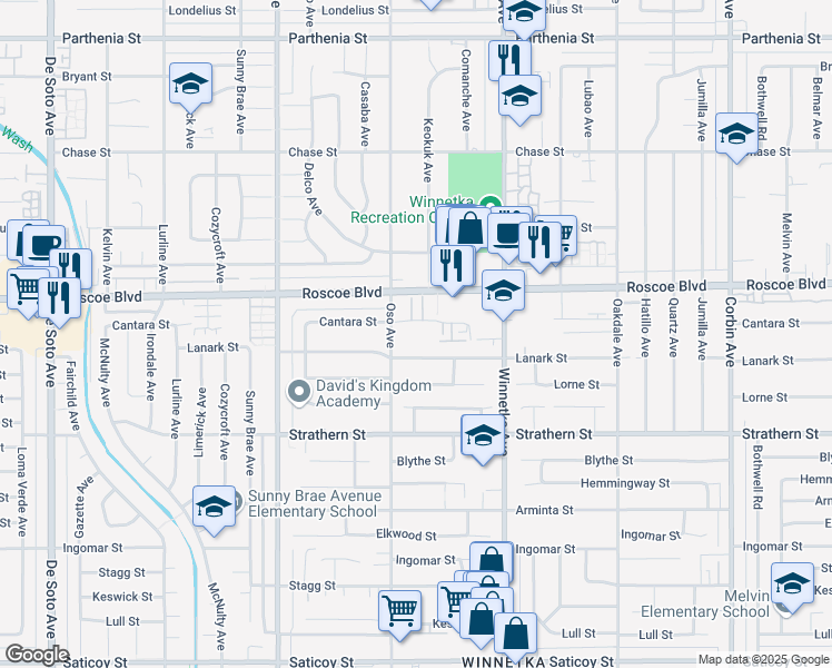 map of restaurants, bars, coffee shops, grocery stores, and more near 20234 Cantara Street in Los Angeles