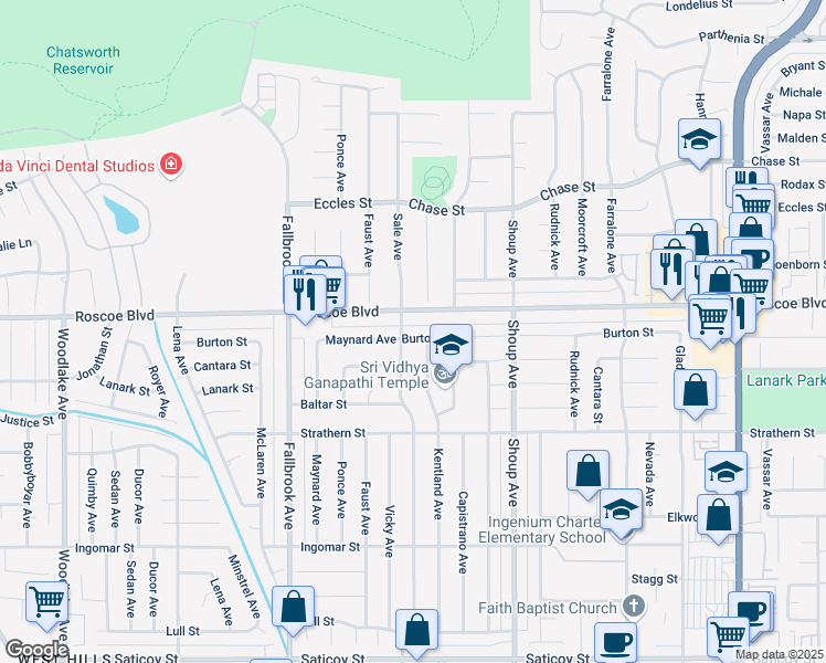 map of restaurants, bars, coffee shops, grocery stores, and more near 8307 Kentland Avenue in Los Angeles