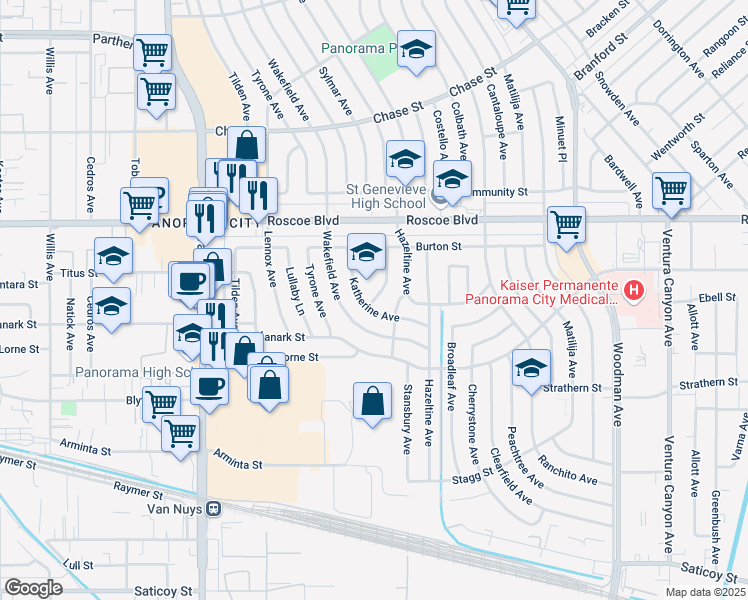 map of restaurants, bars, coffee shops, grocery stores, and more near 8141 Calhoun Avenue in Los Angeles