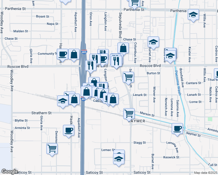 map of restaurants, bars, coffee shops, grocery stores, and more near 8165 Langdon Avenue in Los Angeles