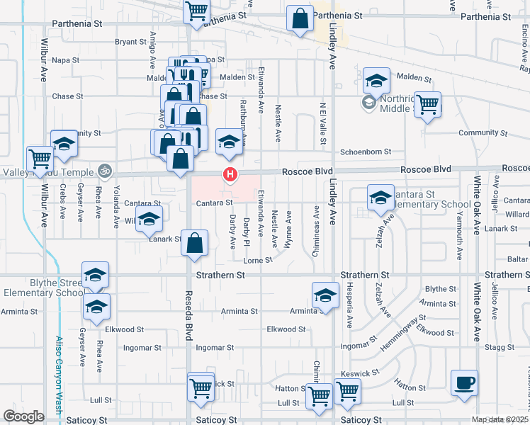 map of restaurants, bars, coffee shops, grocery stores, and more near 18261 Cantara Street in Los Angeles