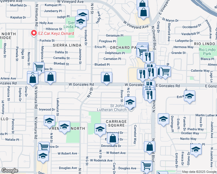 map of restaurants, bars, coffee shops, grocery stores, and more near 900 Ginger Street in Oxnard