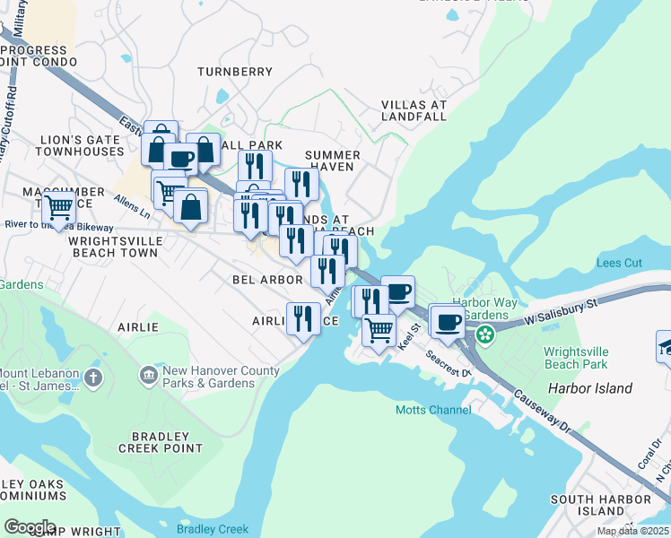map of restaurants, bars, coffee shops, grocery stores, and more near 7241 Wrightsville Avenue in Wilmington