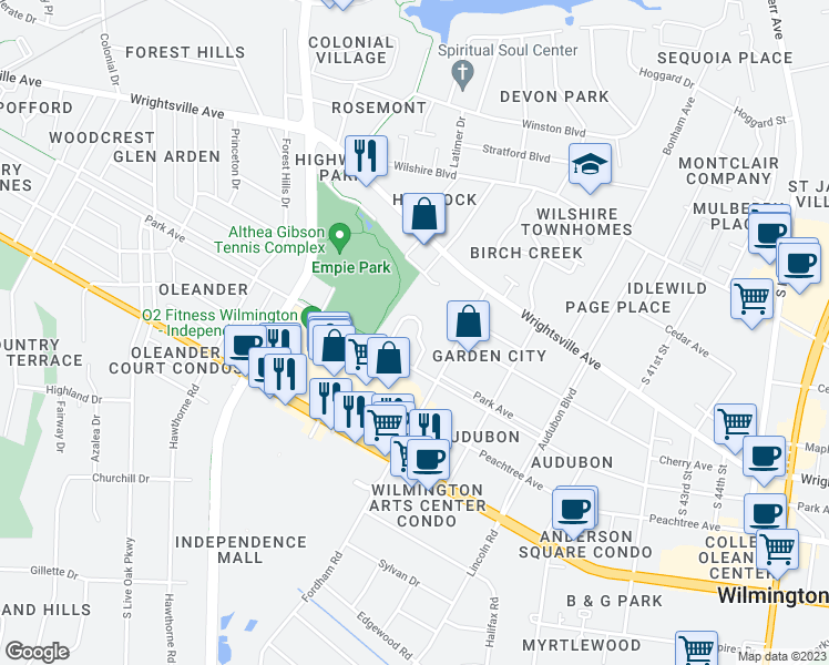 map of restaurants, bars, coffee shops, grocery stores, and more near 3633 Saint Johns Court in Wilmington