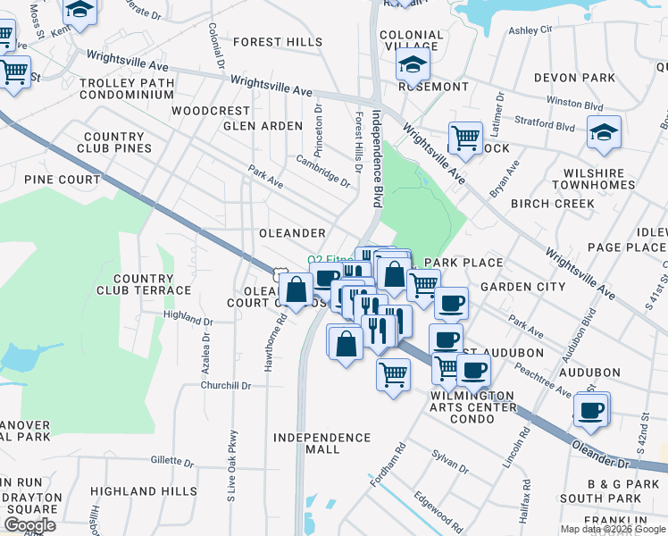 map of restaurants, bars, coffee shops, grocery stores, and more near 1317 Hawthorne Road in Wilmington