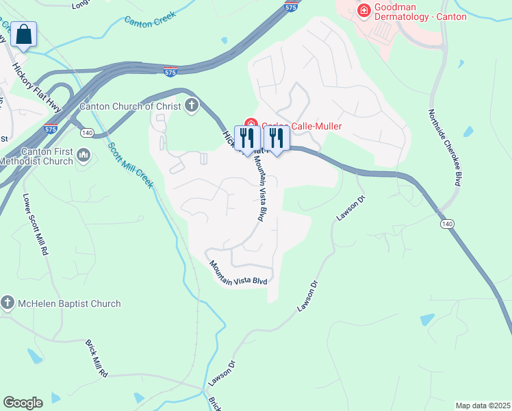 map of restaurants, bars, coffee shops, grocery stores, and more near 403 Hidden Hills Court in Canton