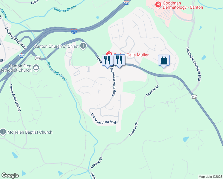 map of restaurants, bars, coffee shops, grocery stores, and more near 403 Hidden Hills Court in Canton