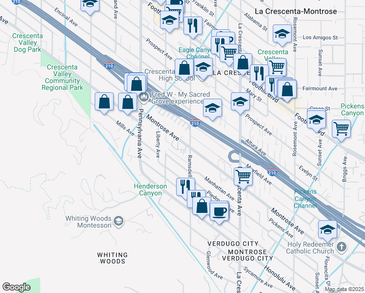 map of restaurants, bars, coffee shops, grocery stores, and more near in La Crescenta-Montrose