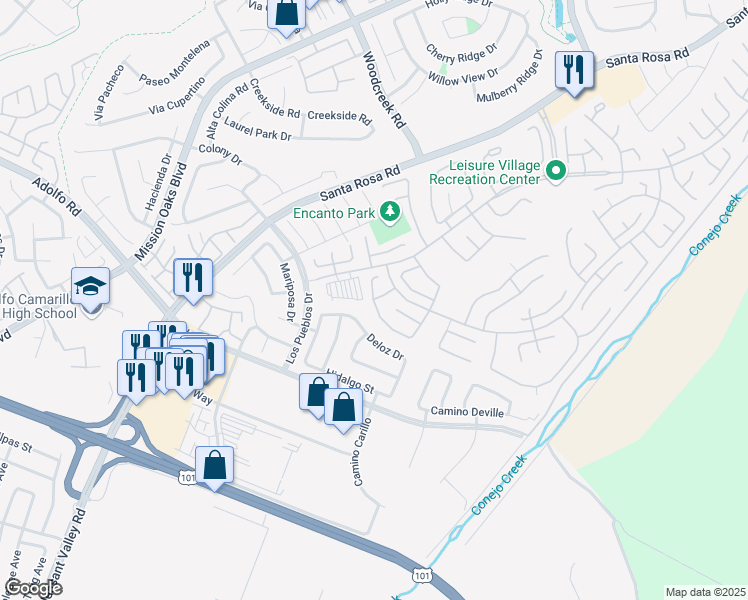 map of restaurants, bars, coffee shops, grocery stores, and more near 41043 Village Drive in Camarillo