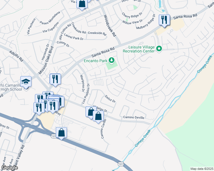 map of restaurants, bars, coffee shops, grocery stores, and more near 39007 Village Drive in Camarillo