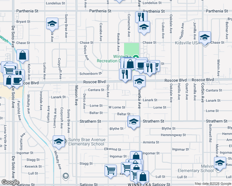 map of restaurants, bars, coffee shops, grocery stores, and more near 20234 Cantara Street in Los Angeles
