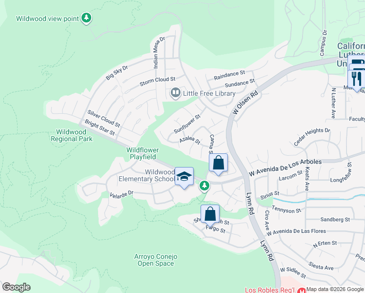 map of restaurants, bars, coffee shops, grocery stores, and more near 664 Garland Court in Thousand Oaks