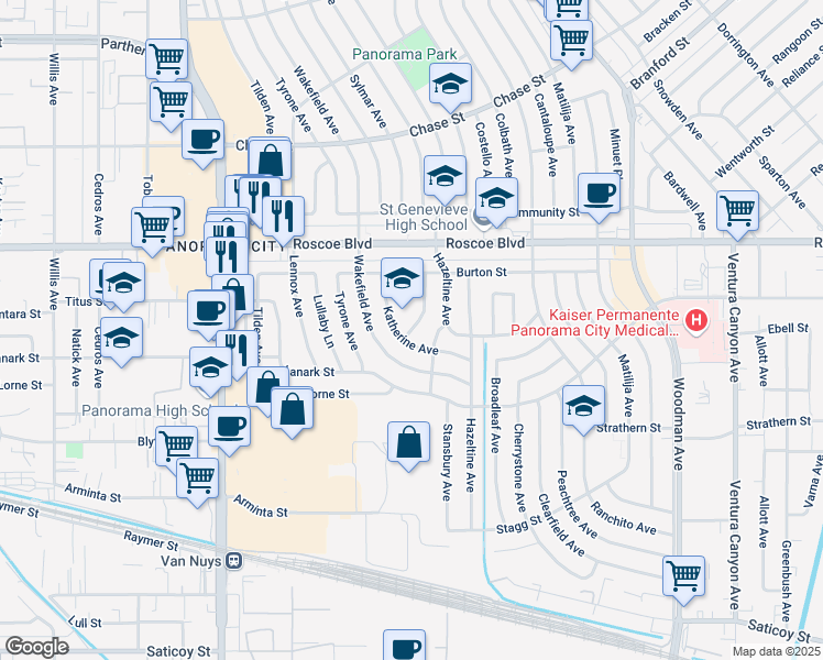 map of restaurants, bars, coffee shops, grocery stores, and more near 8111 Calhoun Avenue in Los Angeles