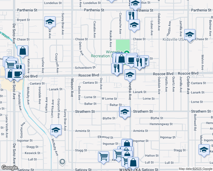 map of restaurants, bars, coffee shops, grocery stores, and more near 20234 Cantara Street in Los Angeles
