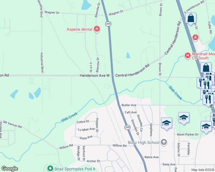 map of restaurants, bars, coffee shops, grocery stores, and more near 1266 North Main Street in Boaz