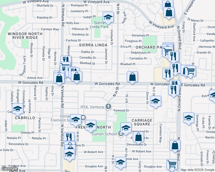 map of restaurants, bars, coffee shops, grocery stores, and more near 824 Lillywood Lane in Oxnard